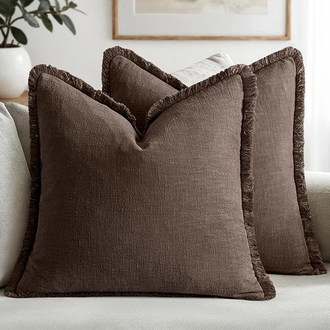 MIULEE Boho Linen Fringe Decorative Fall Pillow Covers Reddish Brown 16x16 | by MIULEE