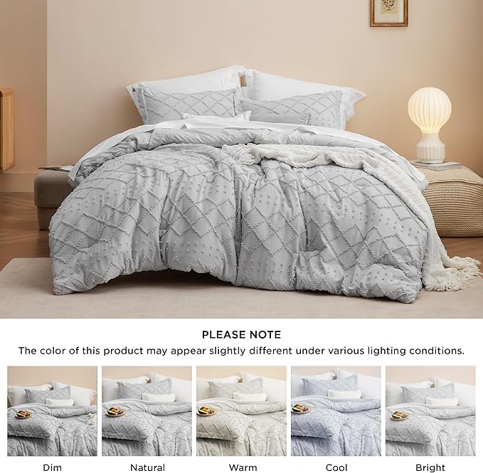 Bedsure Queen Comforter Set - Light Grey Comforter, Boho Tufted Shabby Chic Bedding for Kids, 3 Pieces Vintage Farmhouse Bed Set for All Seasons, Fluffy Soft Bedding with 2 Pillow Shams
