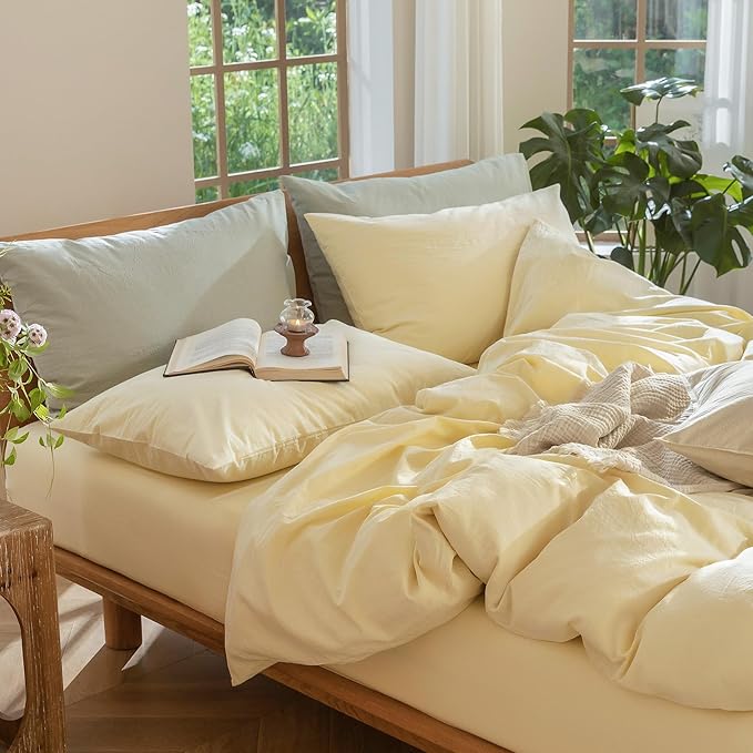MooMee Bedding Duvet Cover Set 100% Washed Cotton Linen Like Textured Breathable Durable Soft Comfy (Heathered Butter Yellow, Twin 68"x90")