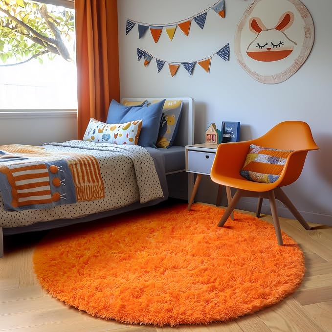 Amdrebio Orange Round Shag Kids Rug 4Ft - Image 3