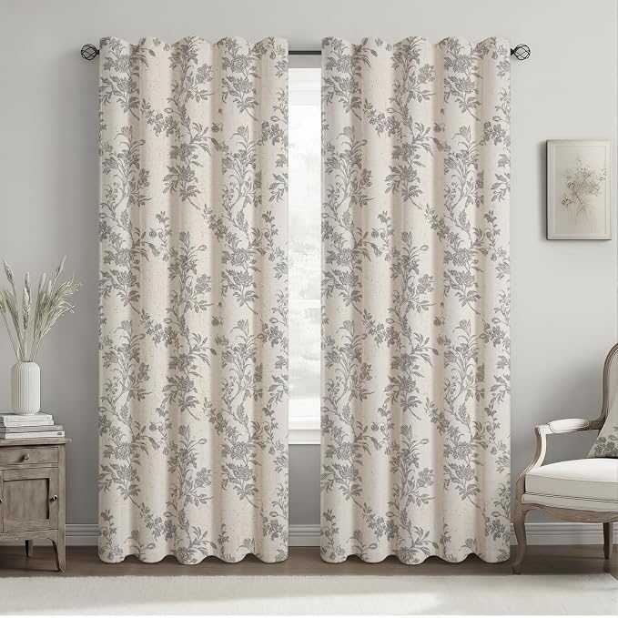Grey Boho Floral 100% Blackout Curtains 84 Inch 2 Panels | Farmhouse Vintage - Image 2