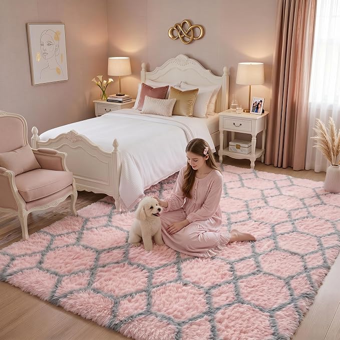 Area Rugs for Living Room, 5x8 Fluffy Pink and Grey Bedroom Geometric Rug | - Image 6