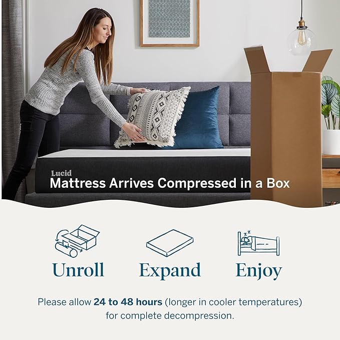 Lucid 8 Inch Memory Foam Mattress - Medium Firm Feel - Infused with Refreshing Bamboo Charcoal and Cooling Gel - Bed in a Box - Temperature Regulating - Pressure Relief - Breathable - Twin Size