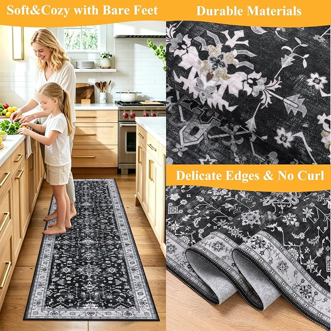 HEBE Hallway Runner Rug 2'x8', Washable Non Slip Kitchen Rug Runner | Soft Boho - Image 5