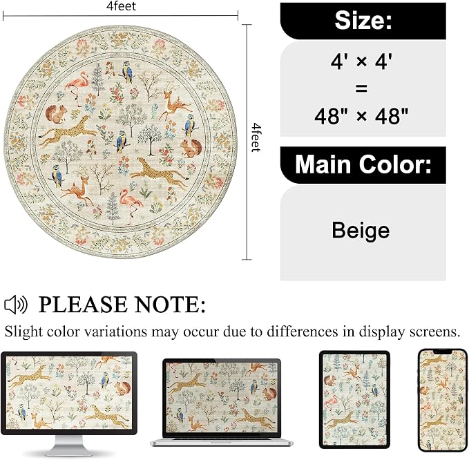 DUKINO 4ft Round Rug, Washable Animal Small Round Area Rug Non Slip, - Image 2