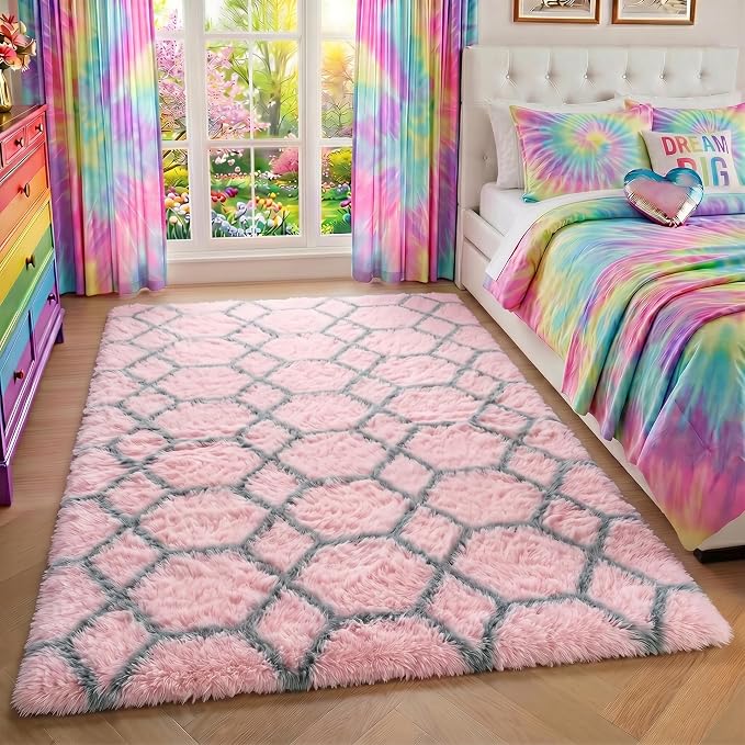 5x7 Area Rugs for Living Room Bedroom, Fluffy Pink and Grey Geometric Rug | - Image 7