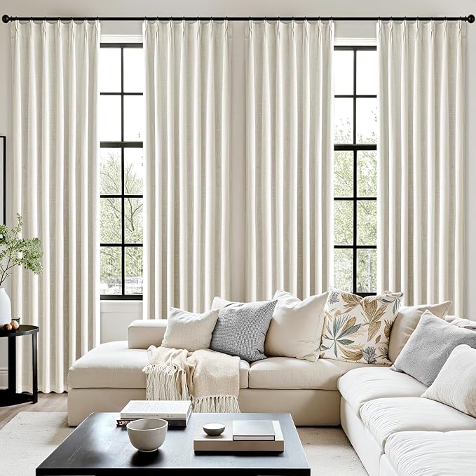 MIULEE Beige White Pinch Pleated 100% Blackout Linen Curtains 40x96 Inches | - Image 7