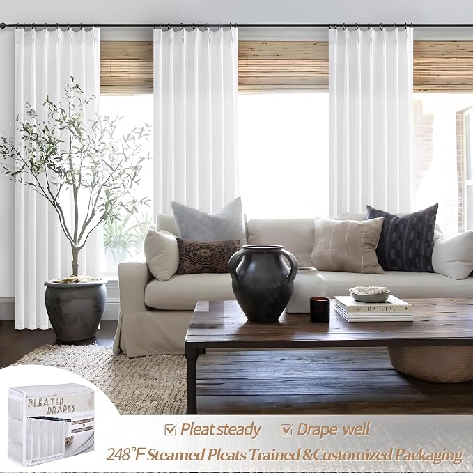 White Linen Sheer Curtains 84 Inches Long 2 Panels, Neutral Textured Pinch - Image 6