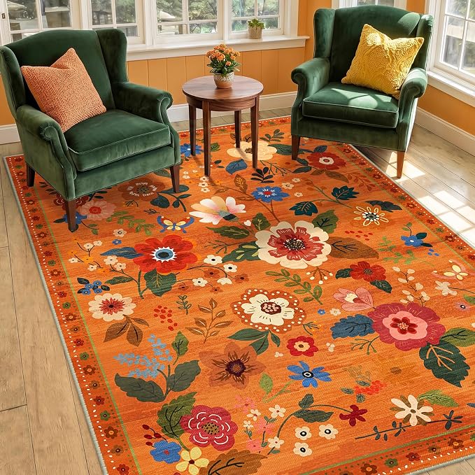 RELEANY Floral Washable 4x6 Area Rugs BurntOrange | Flower Carpet Print Boho - Image 3