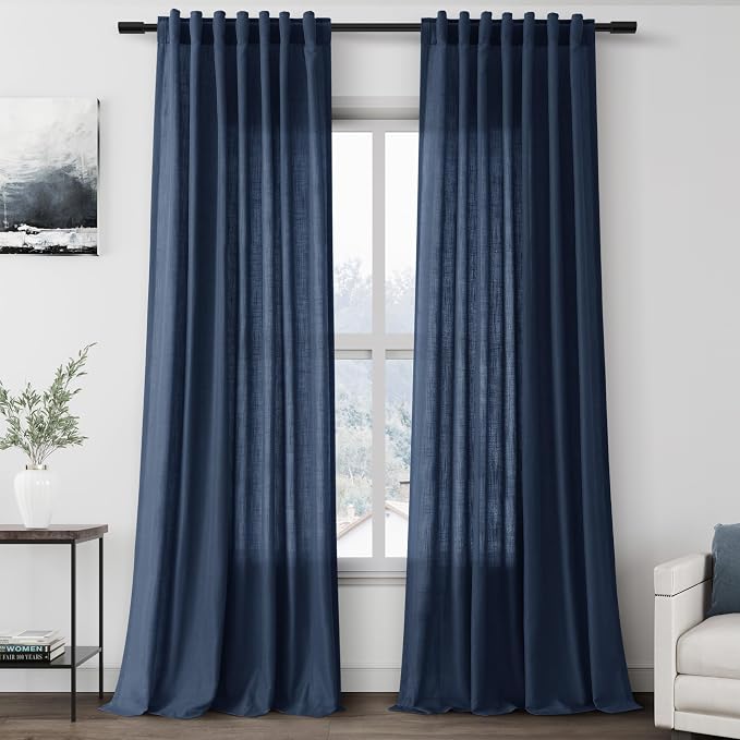 Denim Blue Linen Curtains 96 Inches Long 2 Panels Set by Nanspring