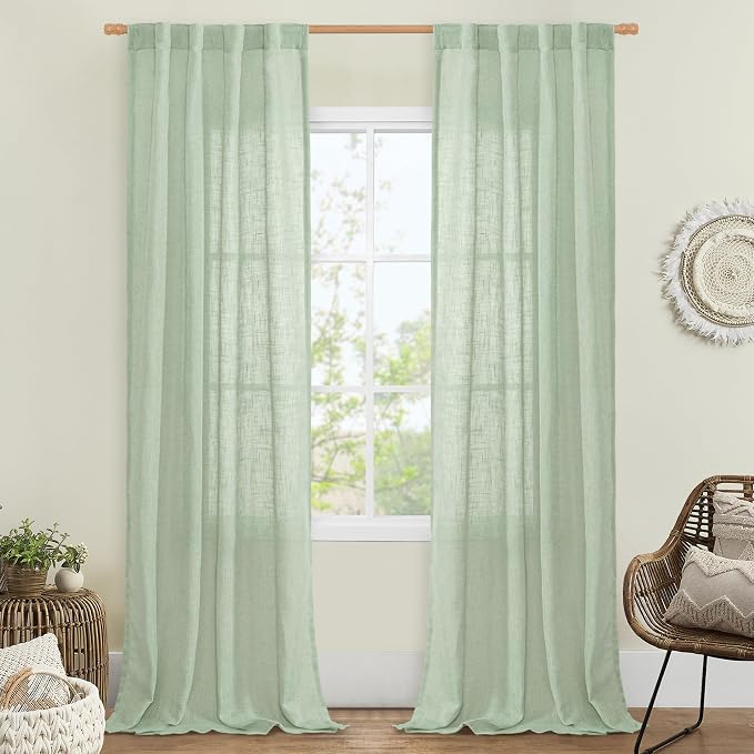 Fresh Green Linen Curtains for Living Room Bedroom 2 Panels | 84 inch Length by LAMIT