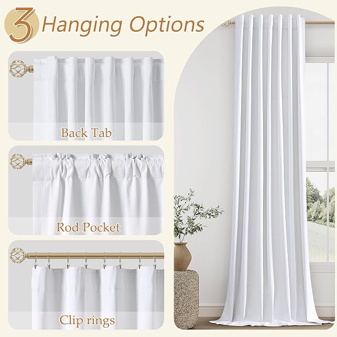 White 100% Blackout Linen Curtains 144 Inch Length 2 Panels Set - Image 6