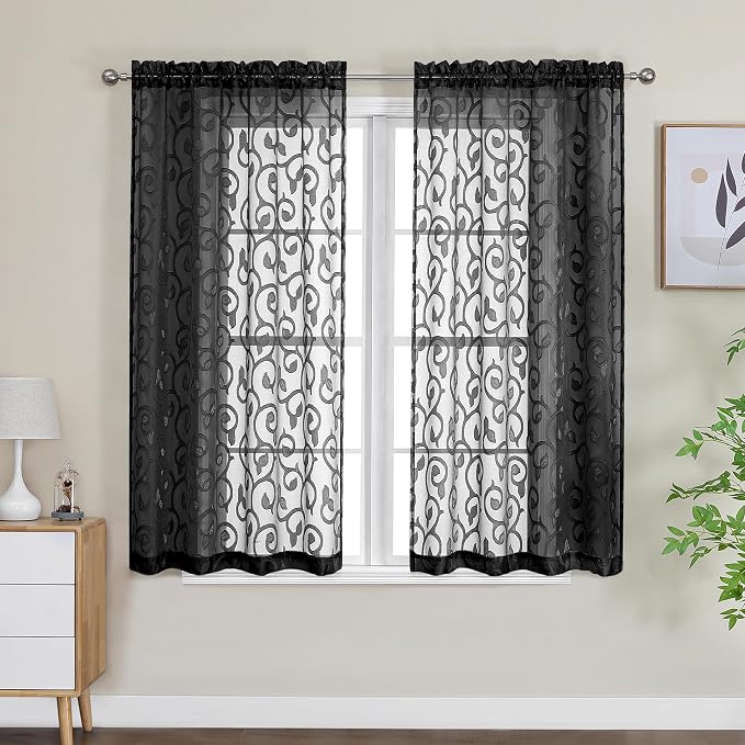 Furman Sheer Curtains 45 Inch Long 2 Panels Set, Airy Jacquard Clip Short Voile - Image 2