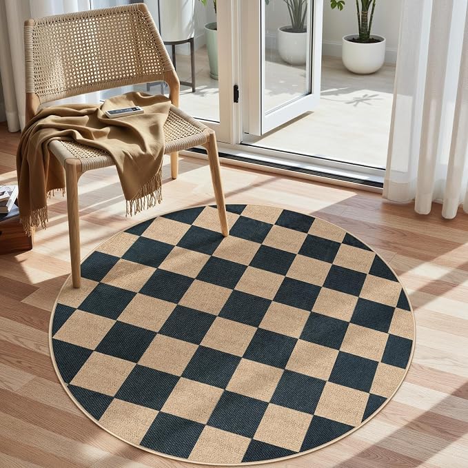 Lahome Checkered Easy Jute 4ft Round Outdoor Rug, Washable Small Rugs Black | by Lahome