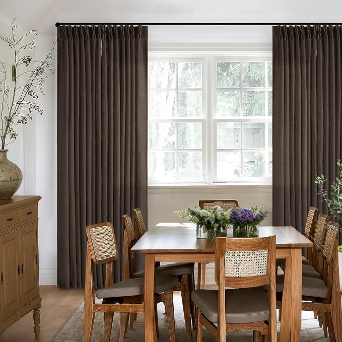 Dark Chocolate 84 Inch Pinch Pleated Semi Sheer Linen Curtains 2 Panels | - Image 9