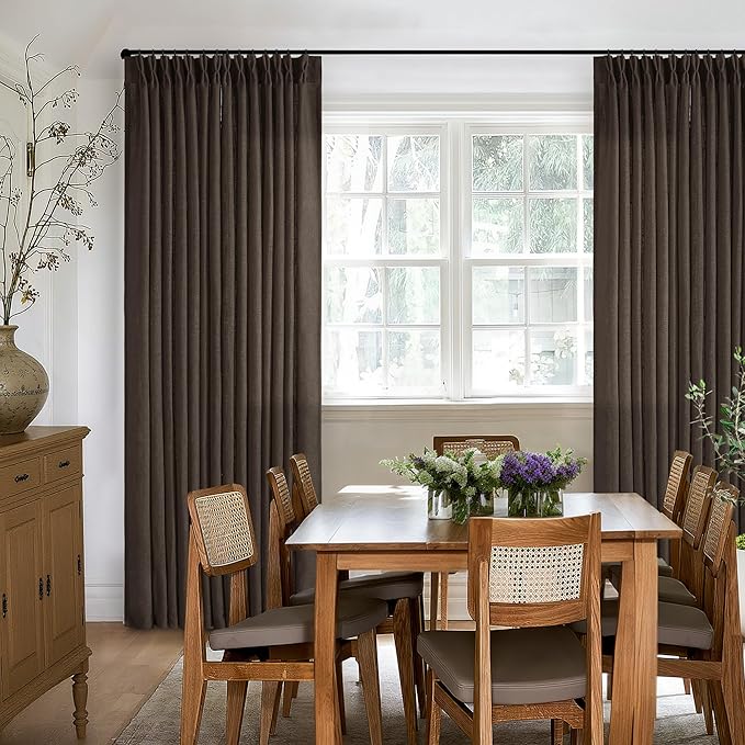 Dark Chocolate 120 Inch Pinch Pleated Semi Sheer Linen Curtains 2 Panels | - Image 9