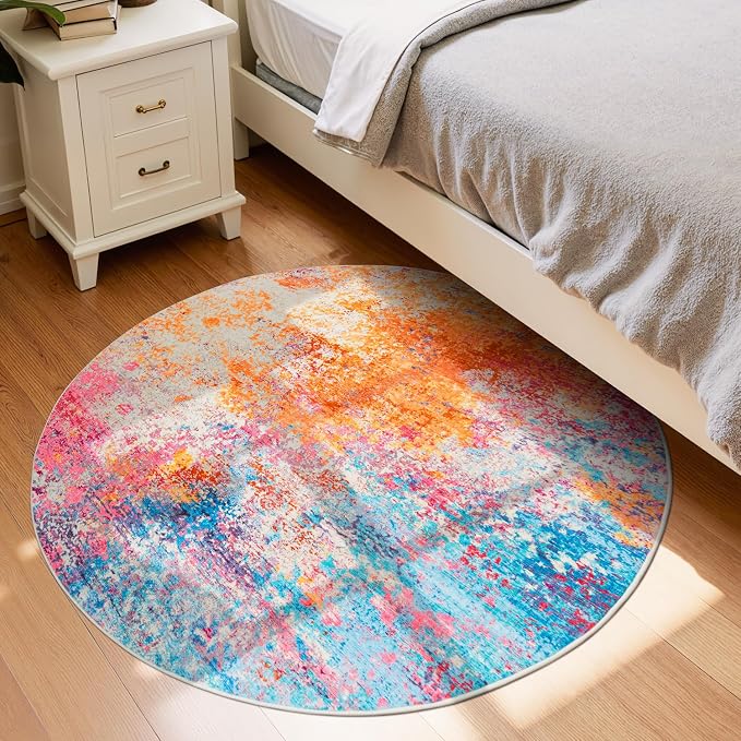 Rugflix Round Area Rugs 4Ft for Living Room, Washable Colorful Circle Rug | - Image 3