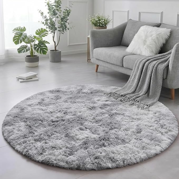 Amdrebio Tie-Dyed Light Grey Fluffy Round Rug 4Ft - Image 4