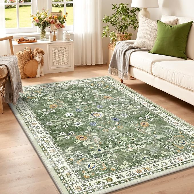 Yamaziot 3x5 Washable Area Rug for Bedroom Floral Carpet Sage Green | Non Slip - Image 3