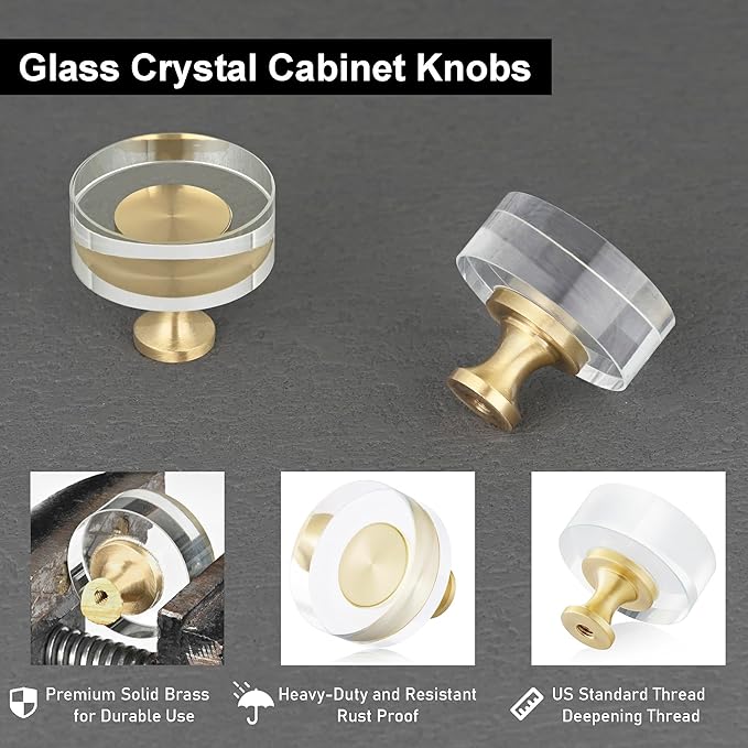 QOGRISUN 2-Pack Brass Crystal Cabinet Knobs,Glass Crystal Gold Drawer Knobs,1-1/4-Inch Round, Decorative Dresser Pulls, Modern Cabinet Hardware