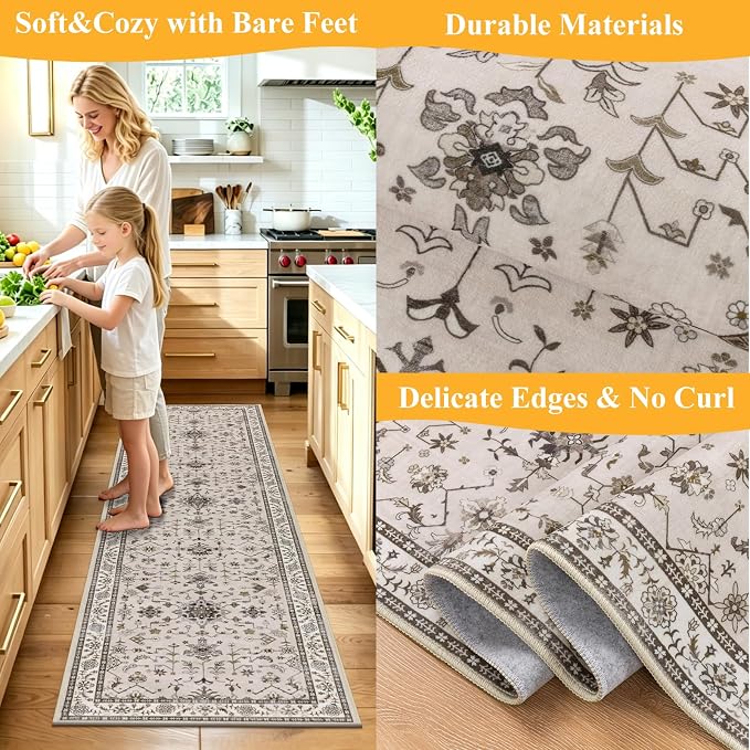 HEBE Hallway Runner Rug 2'x6', Washable Non Slip Kitchen Rug Runner | Soft Boho - Image 5