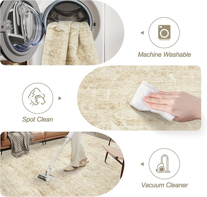 Soalmost Washable Area Rug 8x10 Large Soft Living Room Rugs Beige/Ivory | - Image 4