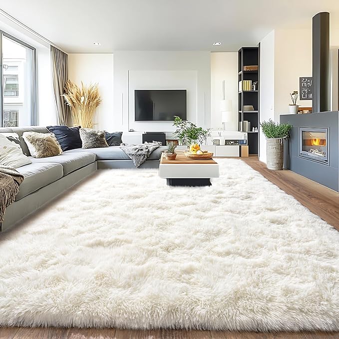 Pionblank 8x10 Rug for Living Room, Fluffy Large Area Rug, Cream White | Modern by PIONBLANK