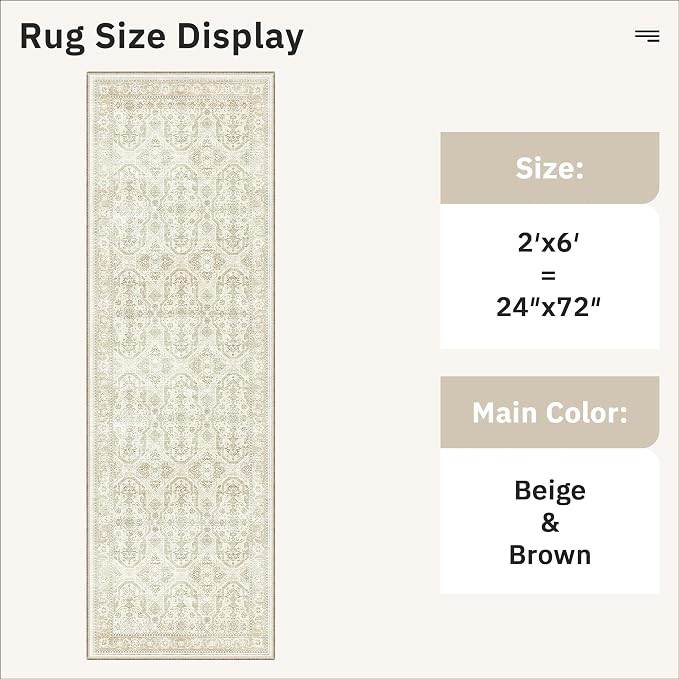 Soalmost Runner Rug 2x6 Washable Kitchen Hallway Runners Beige/Brown | Non-Slip - Image 5