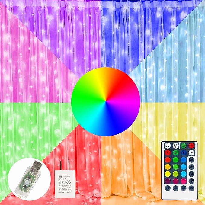 FUNPENY Window Curtain String Lights, 300 LED 8 Lighting Modes Fairy Lights USB Powered, Waterproof Lights for Christmas Bedroom Party Wedding Home Garden Wall Decorations (RGB Color Changing)