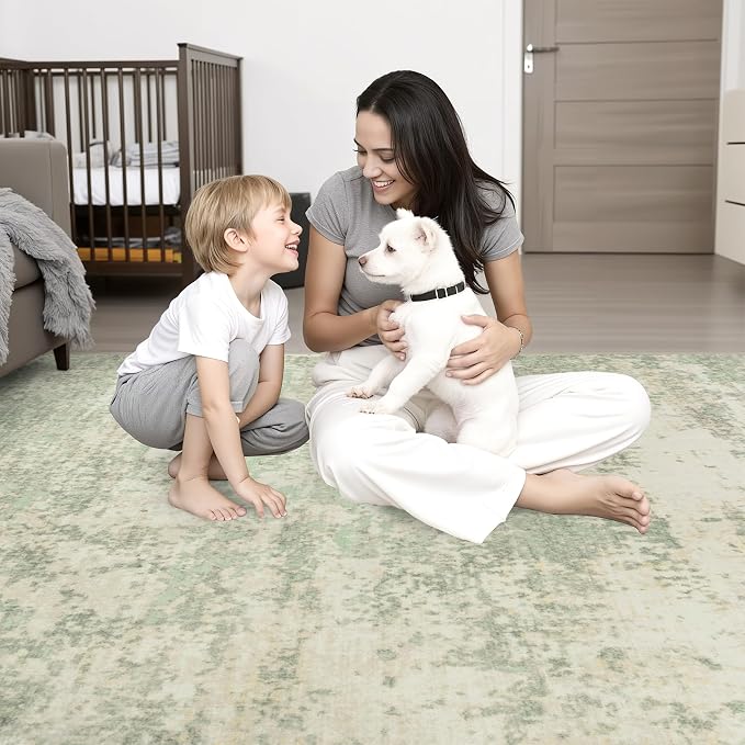 Area Rug Living Room: 6x6 Modern Washable Soft Carpet Green Cream | - Image 2