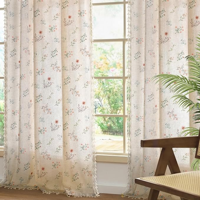 Boho Floral Light Filtering Curtains 90 Inch 2 Panels Linen Texture | Farmhouse - Image 4
