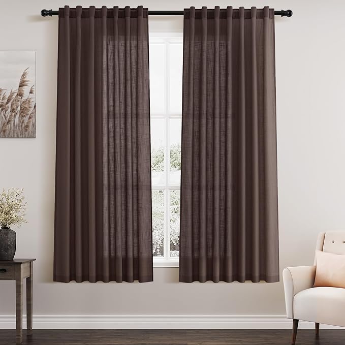 Coffee Linen Curtains for Living Room Back Tab Rod Pocket Semi Sheer Curtain 63 by Nanspring