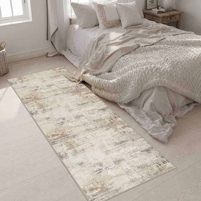 3x8 Washable Runner Rug：Modern Abstract Soft Carpet Beige Brown | - Image 4