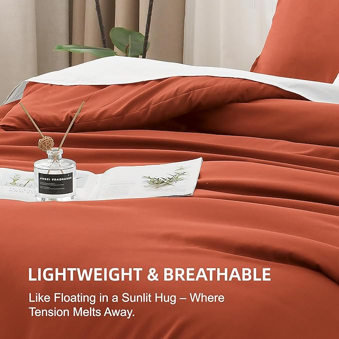Litanika Boho Comforter Full Size Set Burnt Orange, 3 Pieces Fall Solid Terracotta Lightweight Bedding Comforter Set, Rust Fluffy Winter Quilted Blanket Set (79x90In Comforter & 2 Pillowcases)