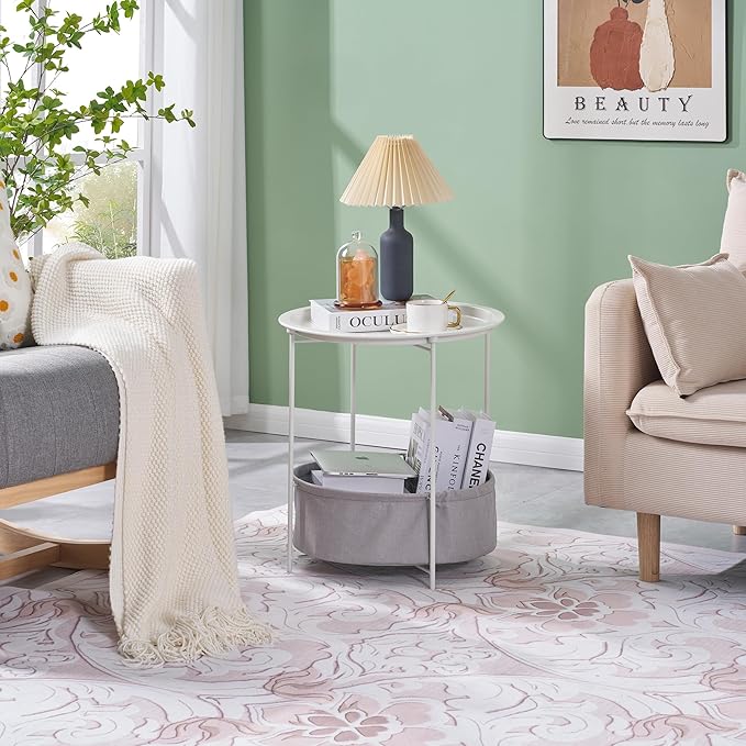 VECELO Round Side/End Table with Fabric Storage Basket，Metal Anti-Rust and Waterproof Small Bedside Nightstand with Removable Tray Top for Living Room，Balcony & Laundry，Beige/2pcs with Basket