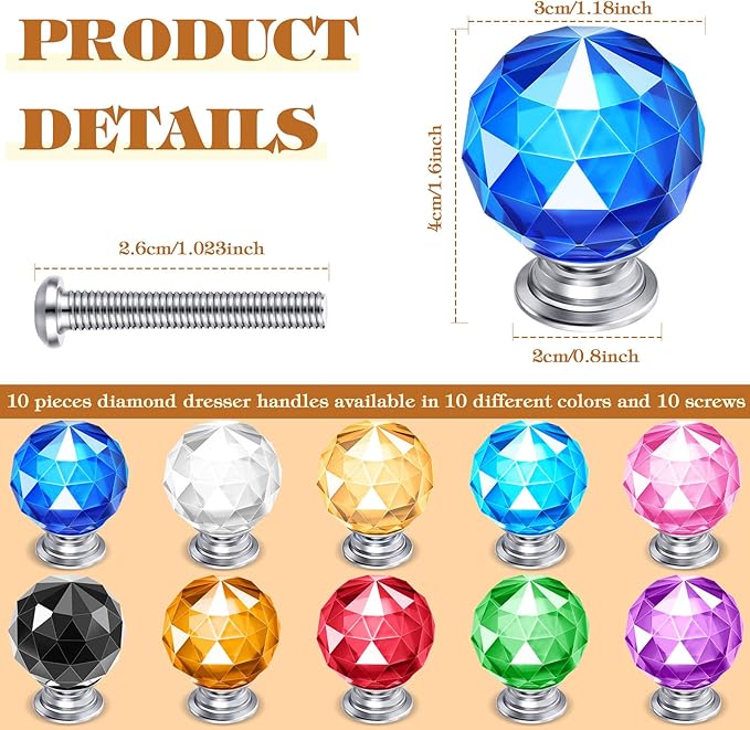 Youyole 10 Pcs Dresser Crystal Knobs 30mm Glass Pull for Cabinets and Drawers Knobs for Dresser Drawers and Kitchen(Artsy Style)