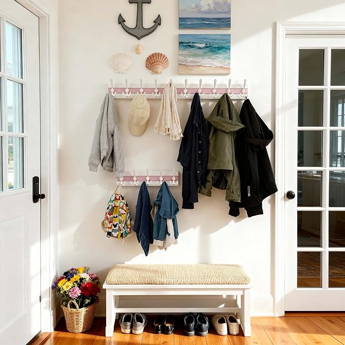 SKOLOO Coastal Wall Mounted Coat Rack - 17" Beach House Entryway Wooden Coat Hook with 5 Hooks for Hanging Coats, Hats or Towels, Oceanfront Cottage Core Collection, White & Palm Beach Pink, Pack of 2