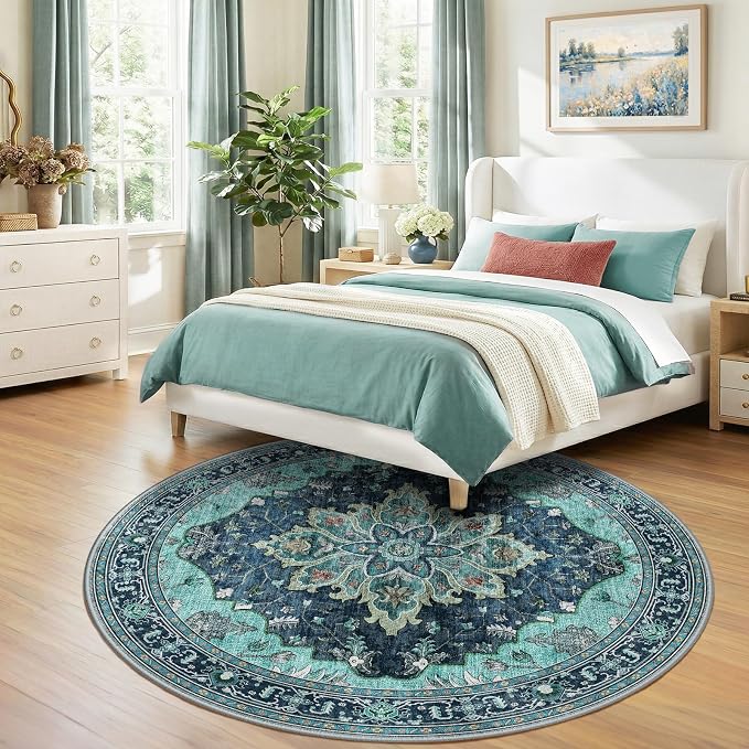 RELEANY Washable Area Rug, Round 7ft, Teal | Non-Slip, Water Repellent - Image 2