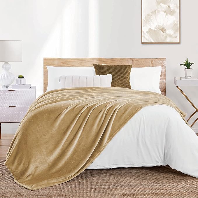 Walensee Fleece Blanket Plush Throw Fuzzy Lightweight (Throw Size 50x60 Tan Camel/Taupe) Super Soft Microfiber Flannel Blankets for Couch, Bed, Sofa Ultra Luxurious Warm and Cozy for All Seasons