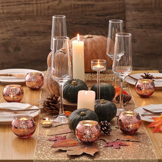 Volens 24PCS Rose Gold Votive Candle Holders for Table Centerpieces, Round Mercury Glass Candle Holders Bulk for Wedding, Bridal Shower, Birthday, Home, and Anniversary Decorations