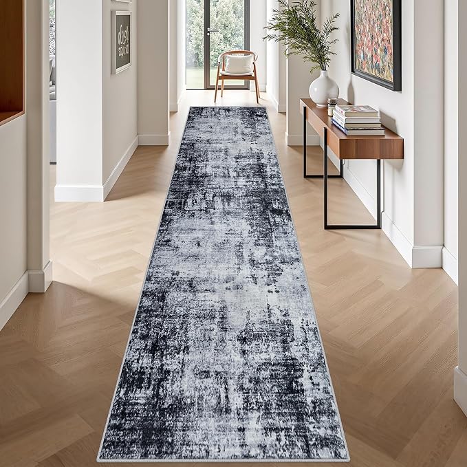 2.6x14 Washable Runner Rug:Modern Abstract Soft Carpet Dark Black | - Image 2