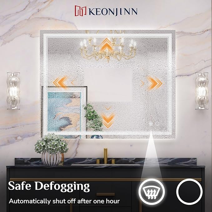 Keonjinn Large Bathroom Mirror with Light, 42 x 36 Inch LED Mirror for Bathoom, Frontlit Only, HD Tempered Glass, UL-Listed LED Driver, Anti-Fog, Dimmale 6000K, Easy Installation(Horizontal/Vertical)