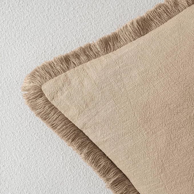 MIULEE Boho Linen Fringe Decorative Throw Pillow Covers Camel 20x20 | Set of 2 - Image 3