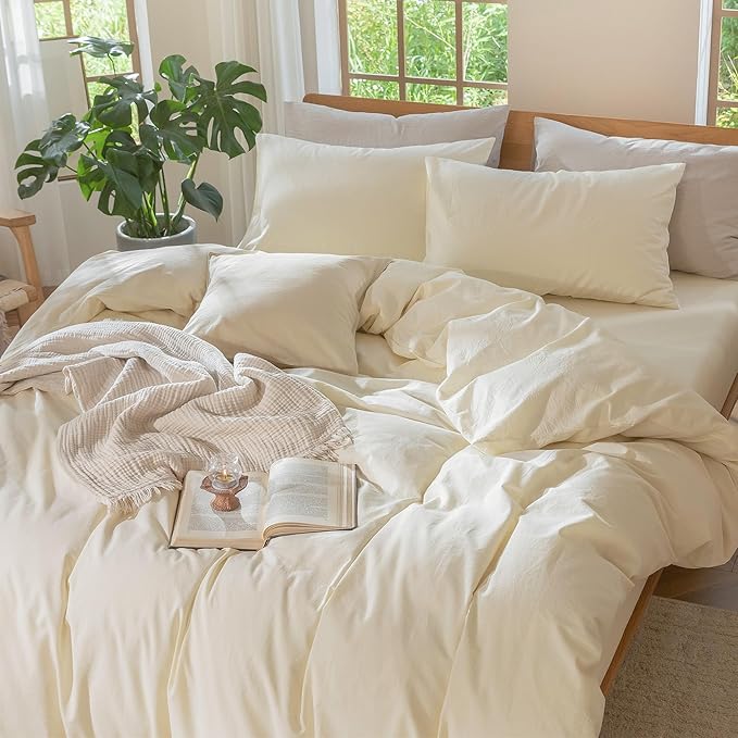 MooMee Bedding Duvet Cover Set 100% Washed Cotton Linen Like Textured Breathable Durable Soft Comfy (Solid Cream White, Full 80"x90")