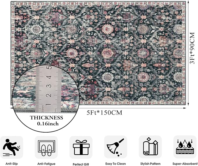 Lahome Moroccan Small Washable Rugs, 3x5 Black Rug - Image 2