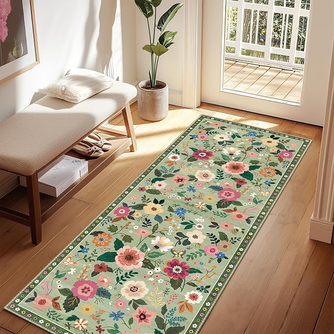 Floral Washable 2x6 Area Rugs Runner Entryway Hallway LightGreen | Flower - Image 2