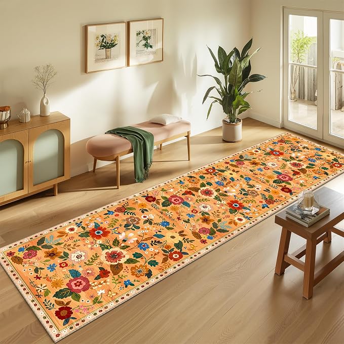Floral Washable 2x8 Area Rugs Runner Entryway Hallway Yellow/Orange/Red | - Image 8