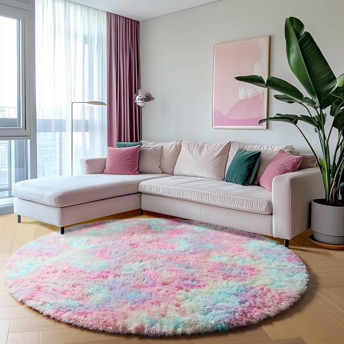 Rainbow Round Area Rugs 5ft, Soft Bedroom Circle Rug Mats - Image 5