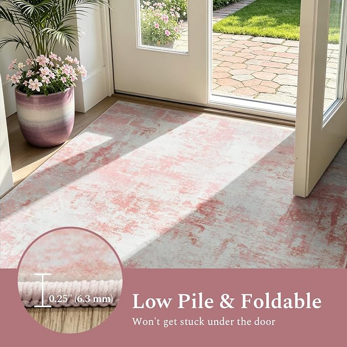 Rugflix 5x7 Area Rugs for Living Room, Washable Pink White Large Rug | Machine - Image 7