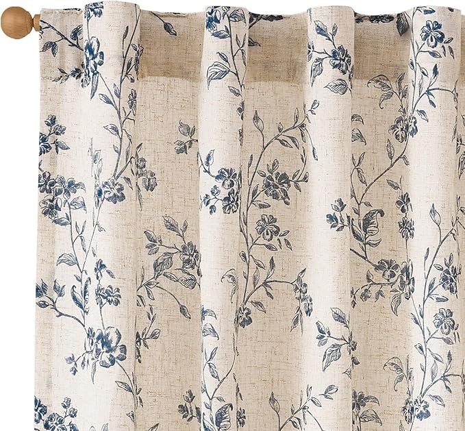 Blue Vintage Floral Linen Curtains Farmhouse 38W X 96L 2 Panels | Elisa Series by Lazzzy